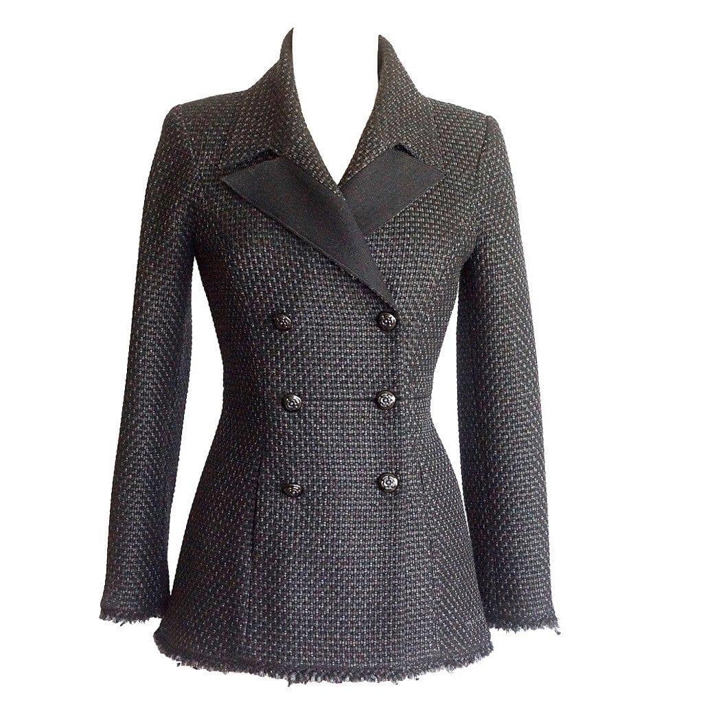 Chanel Jacket Black Silver Metallic Tweed Camellia Buttons 40 / 6