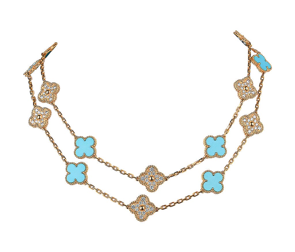 Van Cleef & Arpels Vintage Alhambra Turquoise 20 Motif Yellow Gold Necklace  - Brilliance Jewels