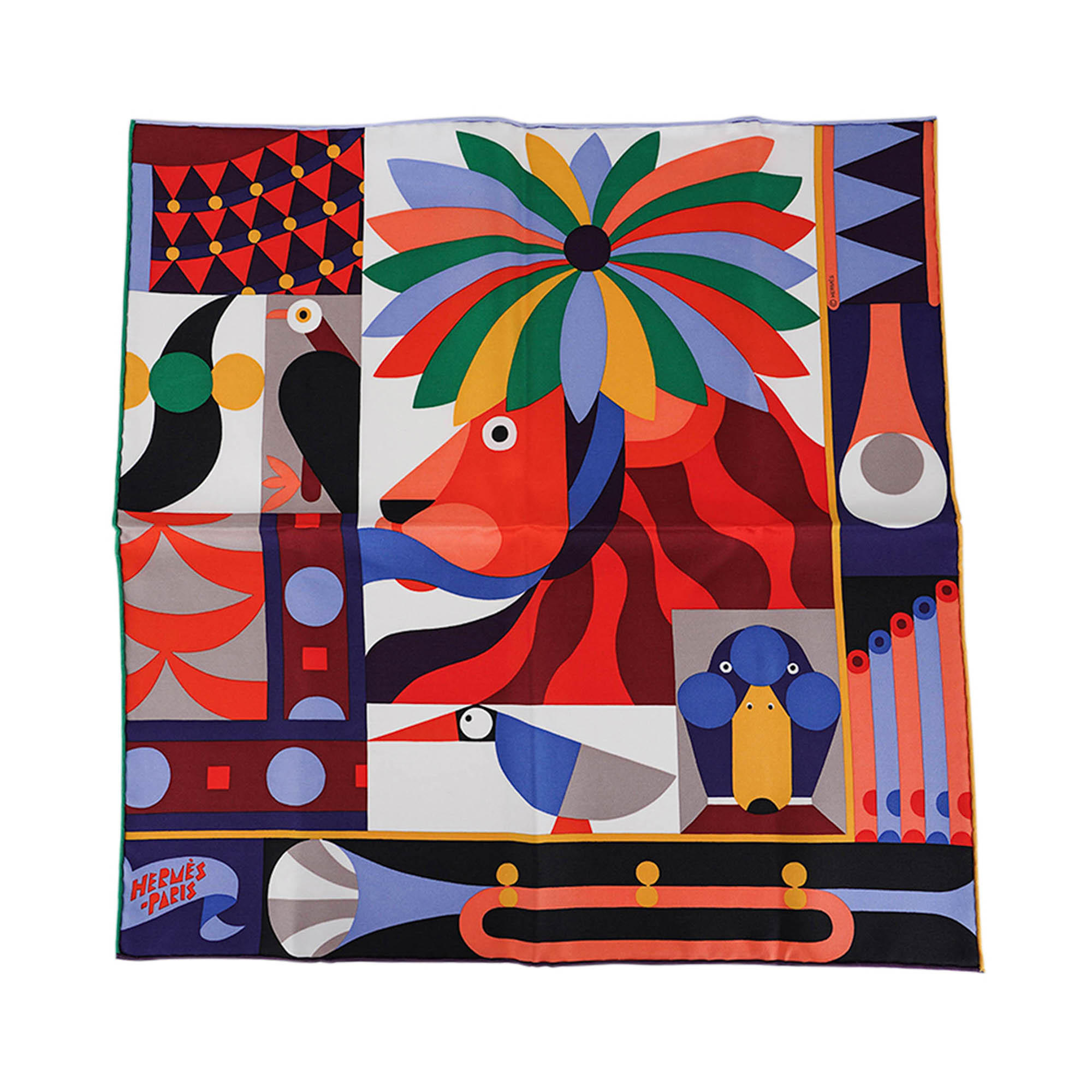 Hermes Parade En Fanfare Scarf 45 Vert Vif Vermillion and Jaune
