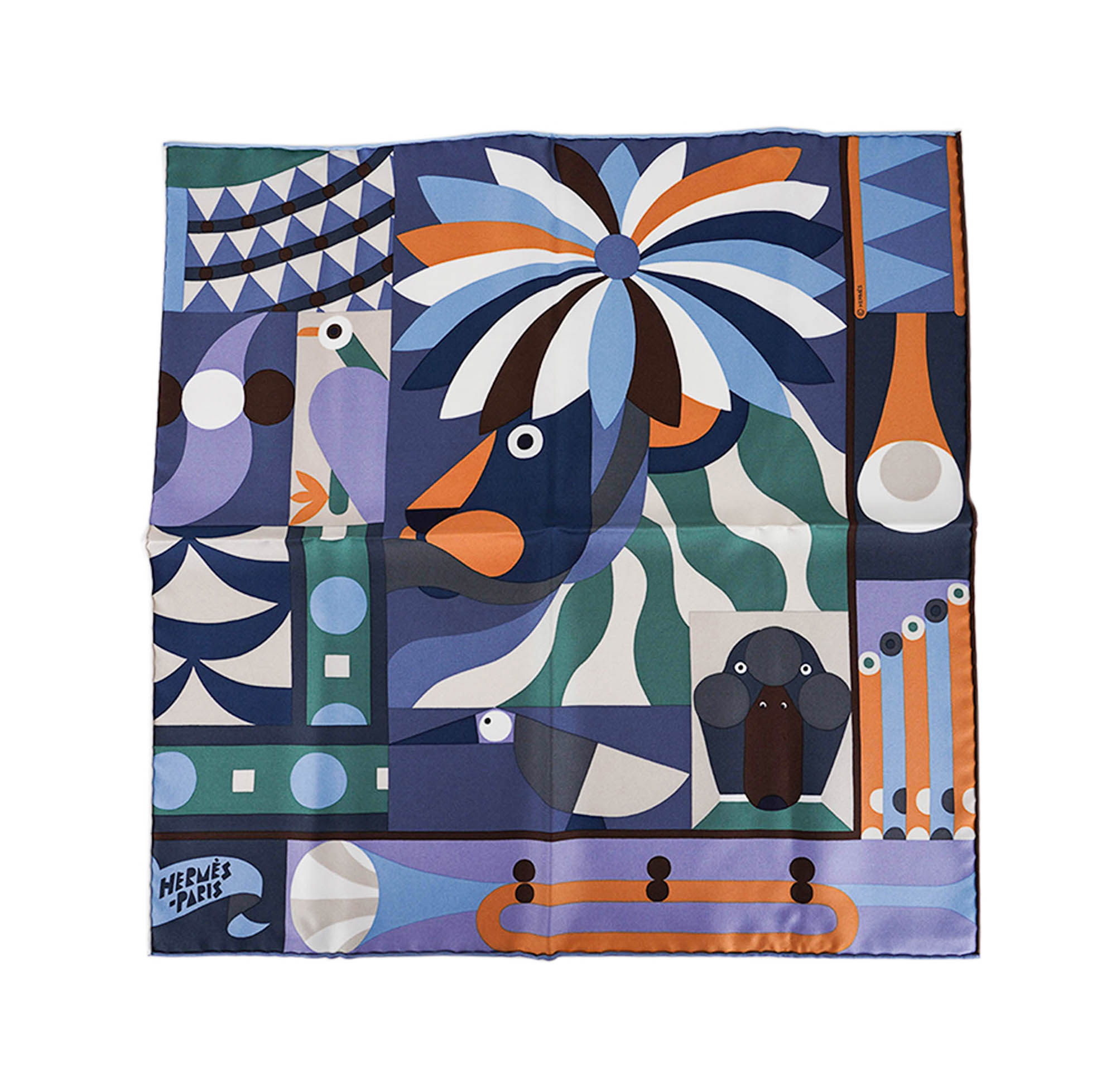 Hermes Parade En Fanfare Scarf 45 Blue Ardoise Vert and Marron