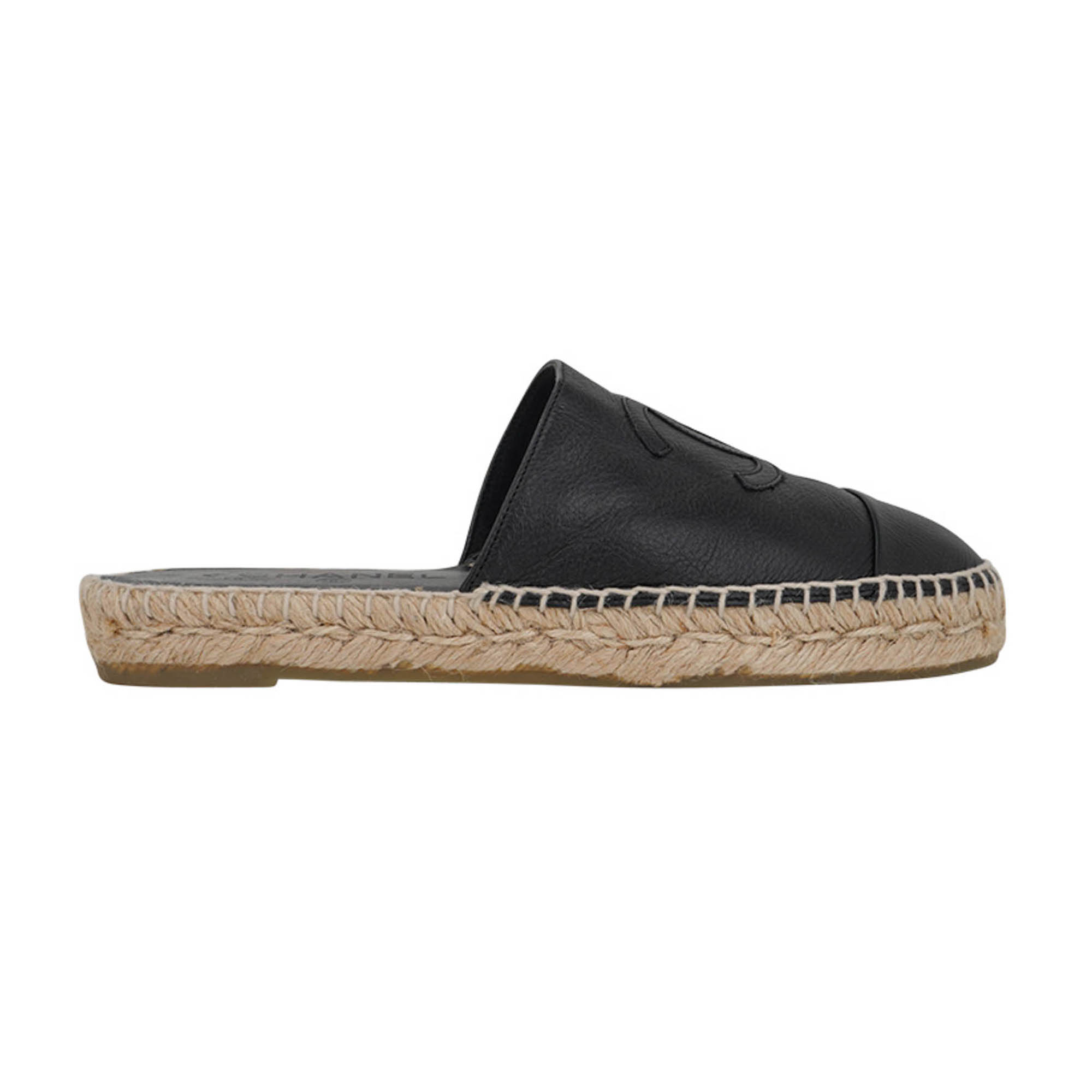 Chanel Black Leather Espadrille Mules with CC Logo | Mightychic
