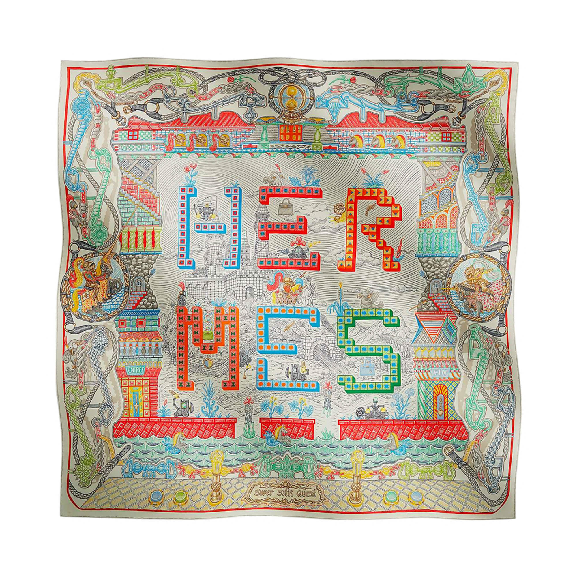 Hermès Super Silk Quest Scarf in Argent, Corail & Multicolore